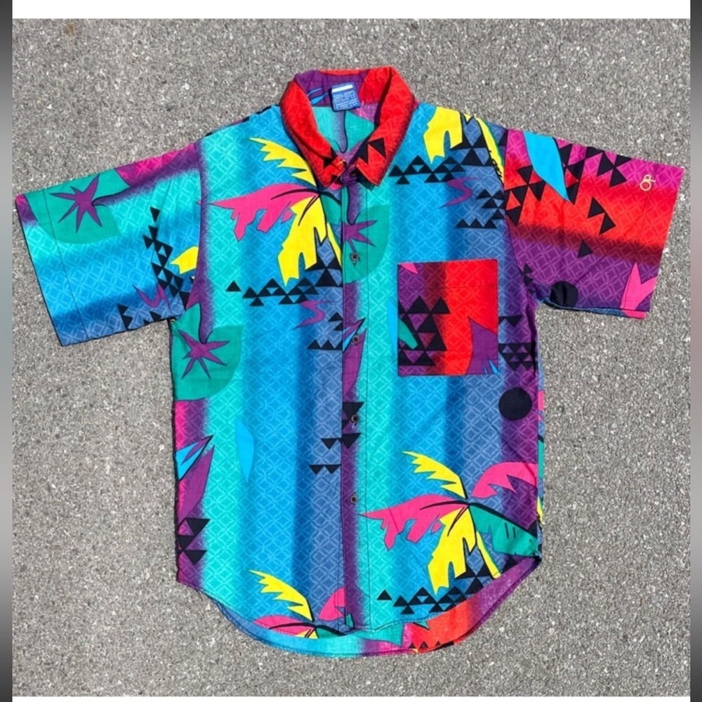 Vtg 80s OP Ocean Pacific Neon Palm Geometric Camp Shirt P to P: 19.5” L: 27.5”